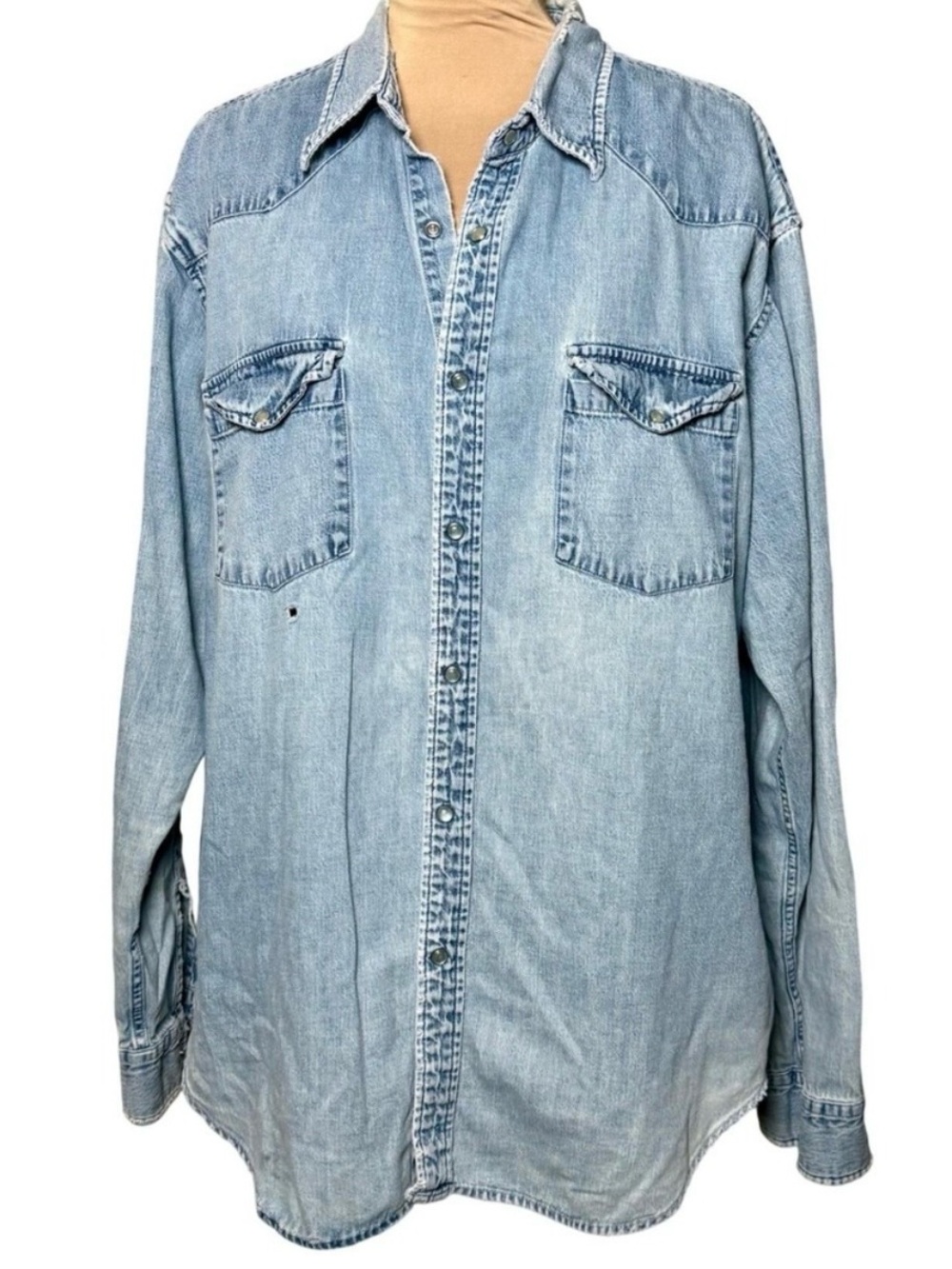 Paradox Denim Pearl Snap Jean Shirt Distressed 100% Cotton Light Wash Vintage XL